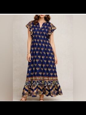 Maeve, Anthropologie Navy Floral Border-Print Maxi Dress